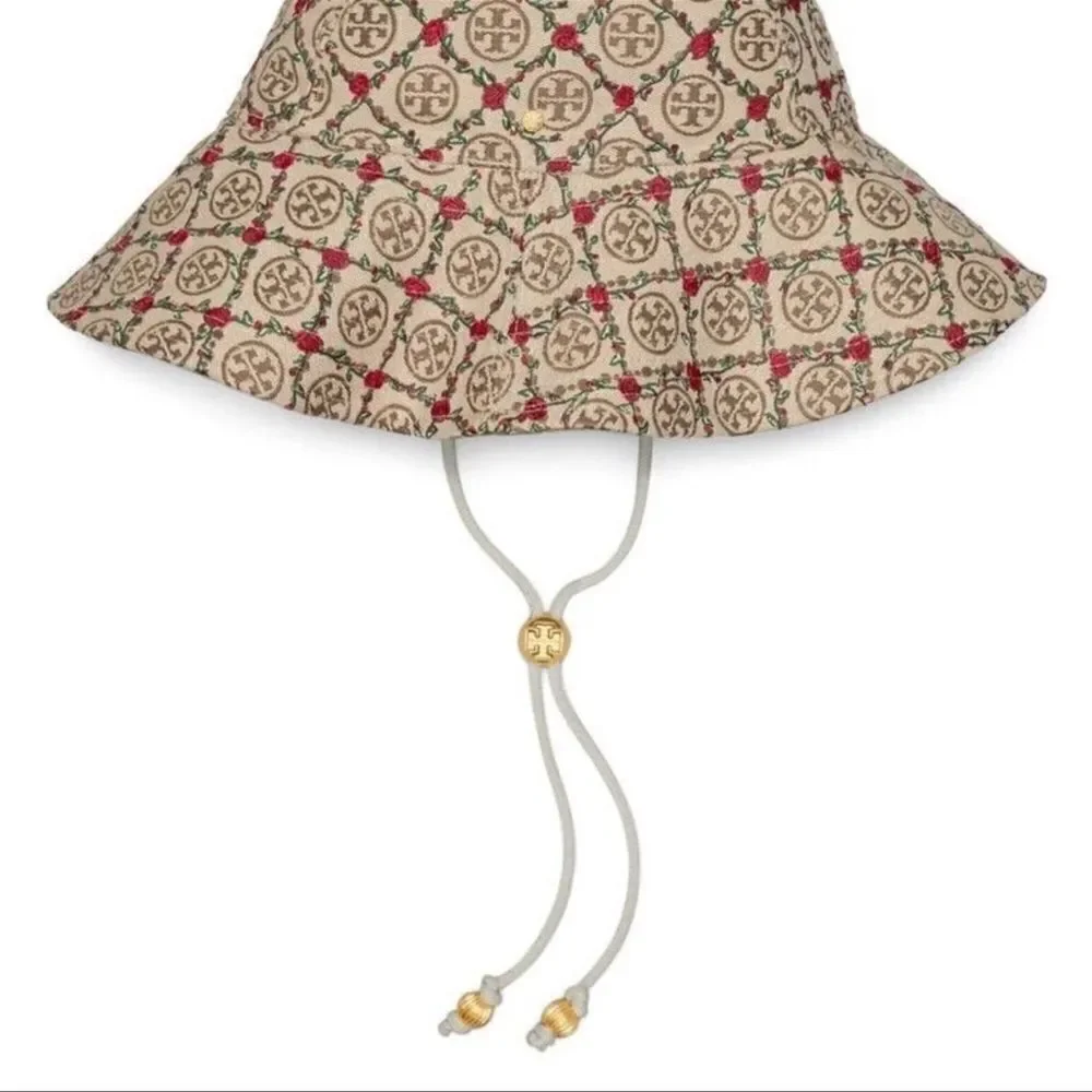 Tory Burch OS Beige Tan Red Monogram Embroidered Climbing Rose Bucket Hat